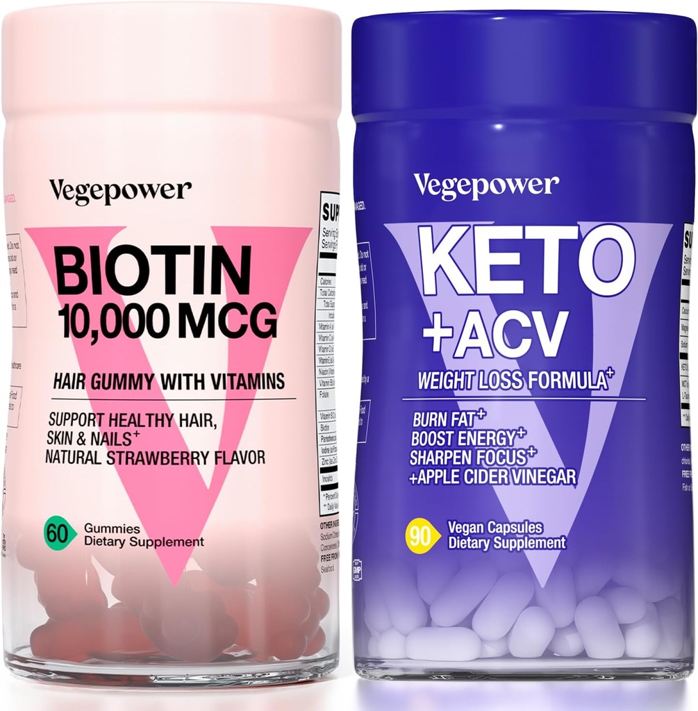 Biotin Hair Growth Vitamins + Premium Keto Pills | Supports Healthy Skin and Nails & Utilize Fat for Energy with Ketosis, Boost Energy & Focus | Non-GMO Vegan Supplements to Support