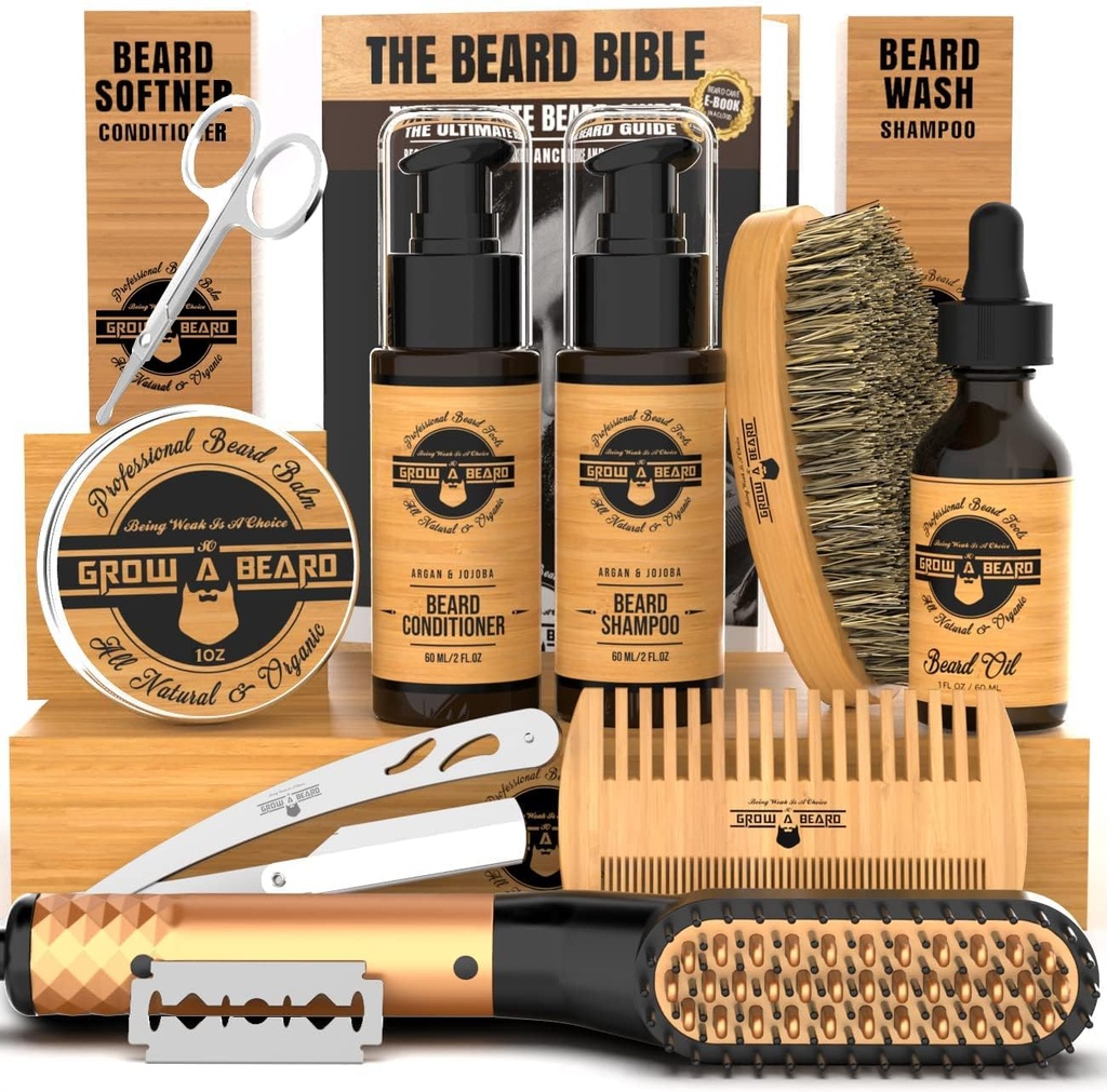 Beard Straightener Grooming Kit for Men, Beard Growth Kit, Wash, Brush & Comb, Unscented Growth Oil, All Natural Chanel Balm, Conditioner, Razor & Scissors, Great Gift Idea for Men's (Bamboo)