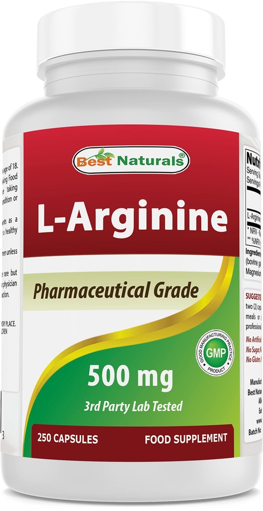 Best Naturals L-Arginine 500mg 250 Capsules - Pharmaceutical Grade L Arginine supplement promotes nitric oxide synthesis
