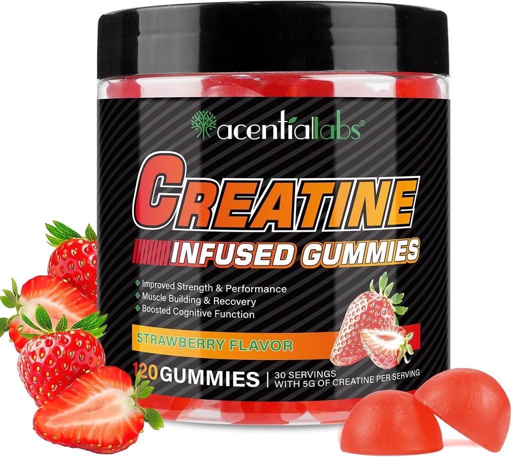 Creatine Monohydrate Gummies 5000mg for Men & Women, Creatine Monohydrate, L-Taurine, Vitamin B12 for Muscle Growth, Strength, Focus, Energy & Health, Sugar Free, Vegan, Strawberry Flavor, 120 Count