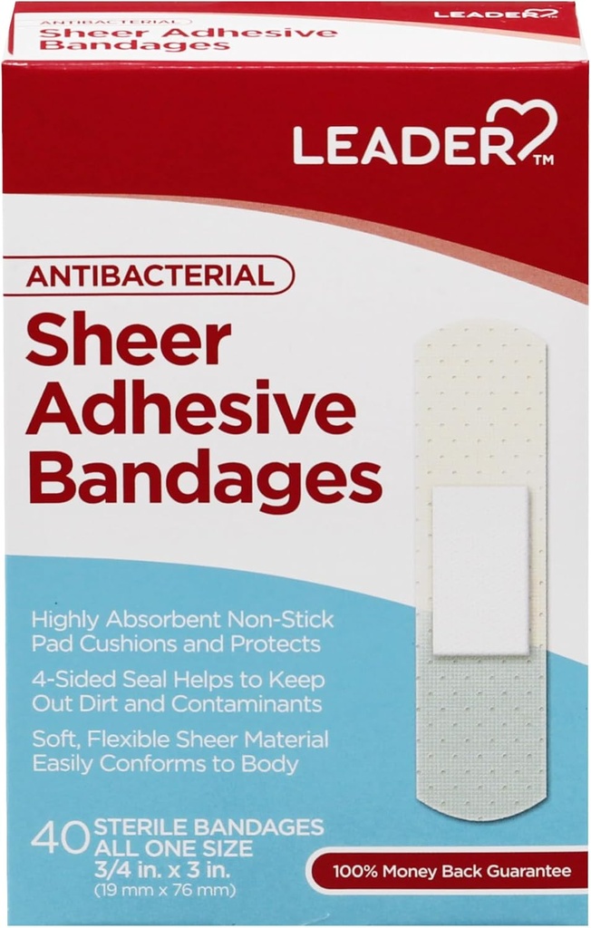 LEADER Sterile Sheer Adhesive Bandages, Latex Free, Blends with Skin, Helps Prevent Infection, Comfortable Protection for First Aid and Wound Care (3/4" x 3", 40 Count)