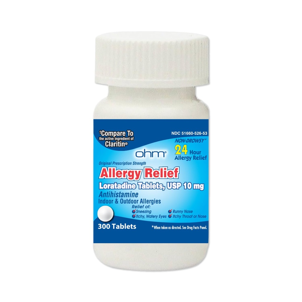 Ohm 24 Hour Loratadine Allergy Relief Tablets, 10mg - 300 Count | Non-Drowsy Allergy Pills, Medicine Original Prescription Strenght