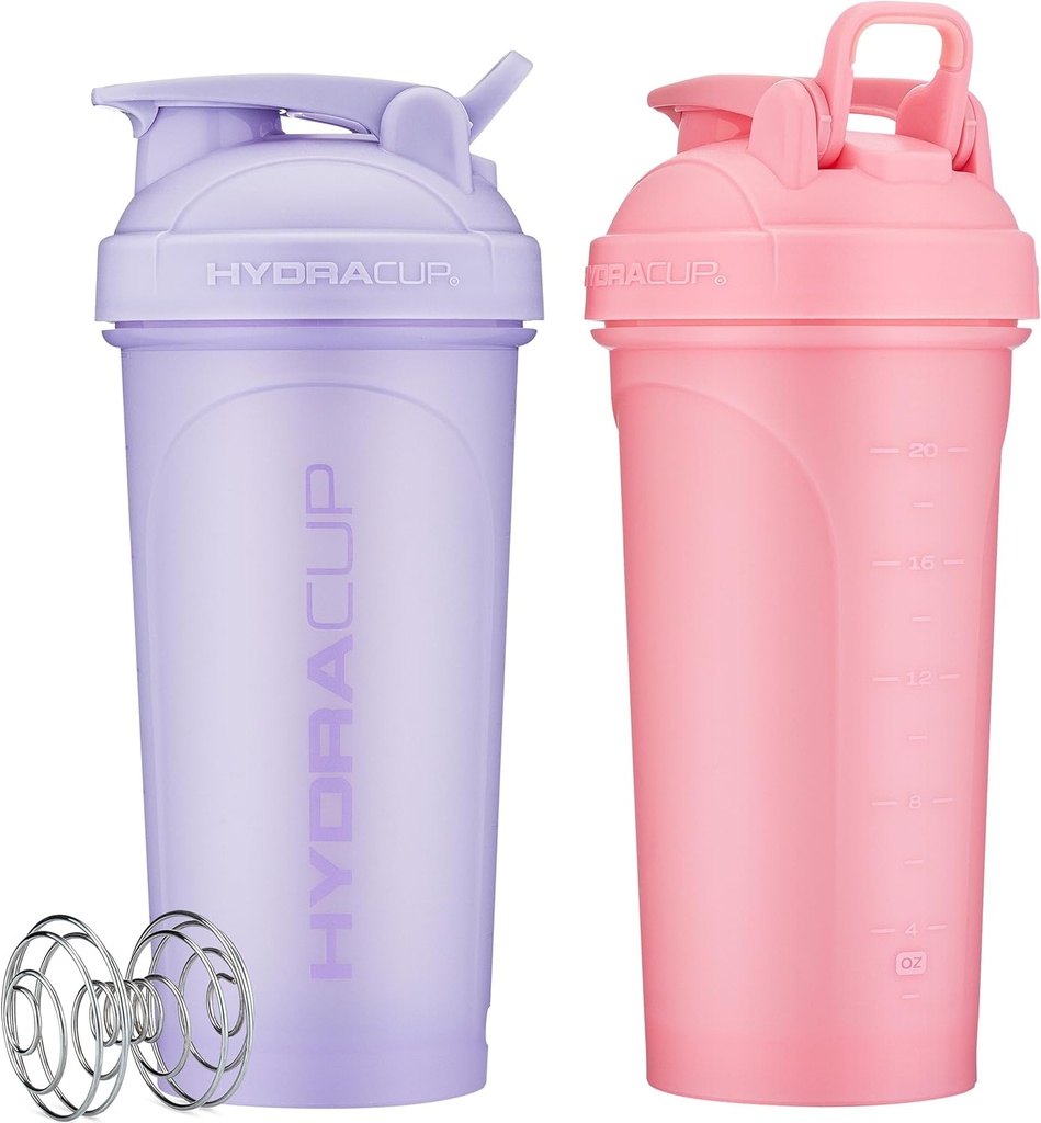 Hydra Cup ProFlow [2 Pack] 28 oz Shaker Bottles for Protein Shakes, Shaker Cups with Ball Blender Whisk, Shaker Bottle with Handle, Travel To Go, BPA Free (Pink & Purple, 28oz)
