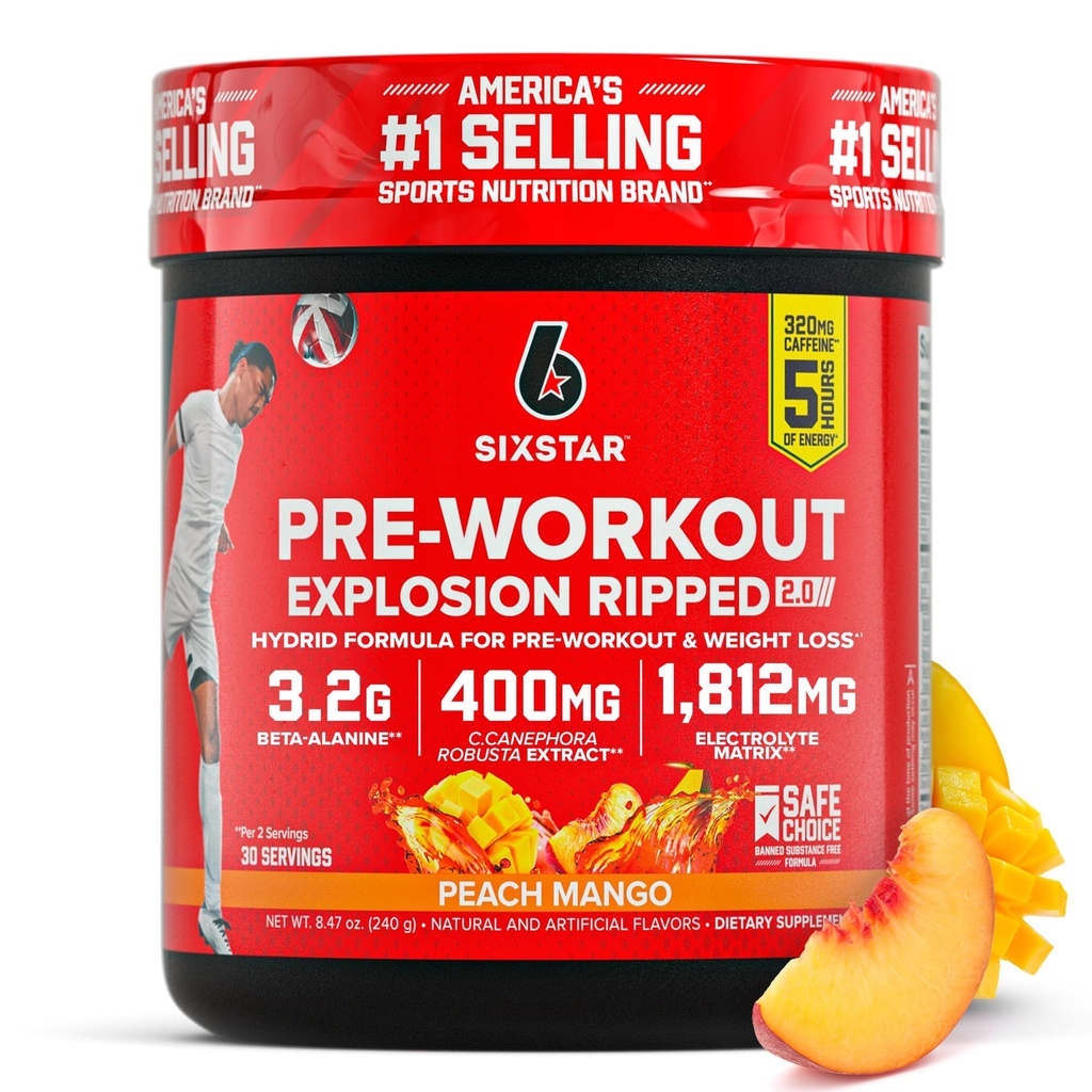 Six Star Pre-Workout Explosion, Peach Mango (30 Servings) - Preworkout Energy Powder Supplement for Men & Women - Pre Workout Drink Mix with Creatine & Beta Alanine - Sports Nutrition Products