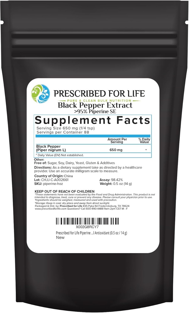 Prescribed For Life Piperine Powder, 95% Black Pepper Extract Powder, Boosts Nutrient Absorption, Gluten Free, Vegan, Non GMO, Natural Antioxidant (0.5oz / 14g)