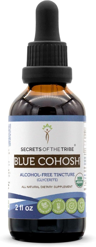 Secrets of the Tribe Blue Cohosh USDA Organic Alcohol-Free Tincture (Glycerite) Responsibly farmed Blue Cohosh (Caulophyllum Thalictroides) Dried Root (2 Fl Oz) Women's Health Supplement