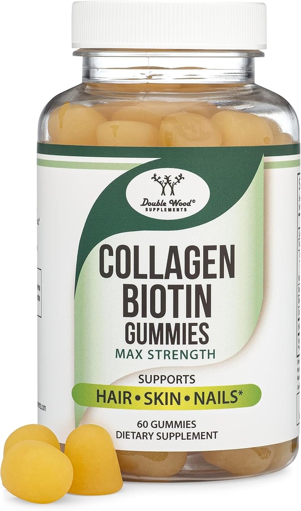 Collagen Gummies for Women Supports Aging (Max Strength - Enhanced with Biotin, Vitamin C, Zinc, and Vitamin E (Longevity for Women and Men) 60 Hair, Skin, and Nails Vitamins (Non-GMO) by Double Wood