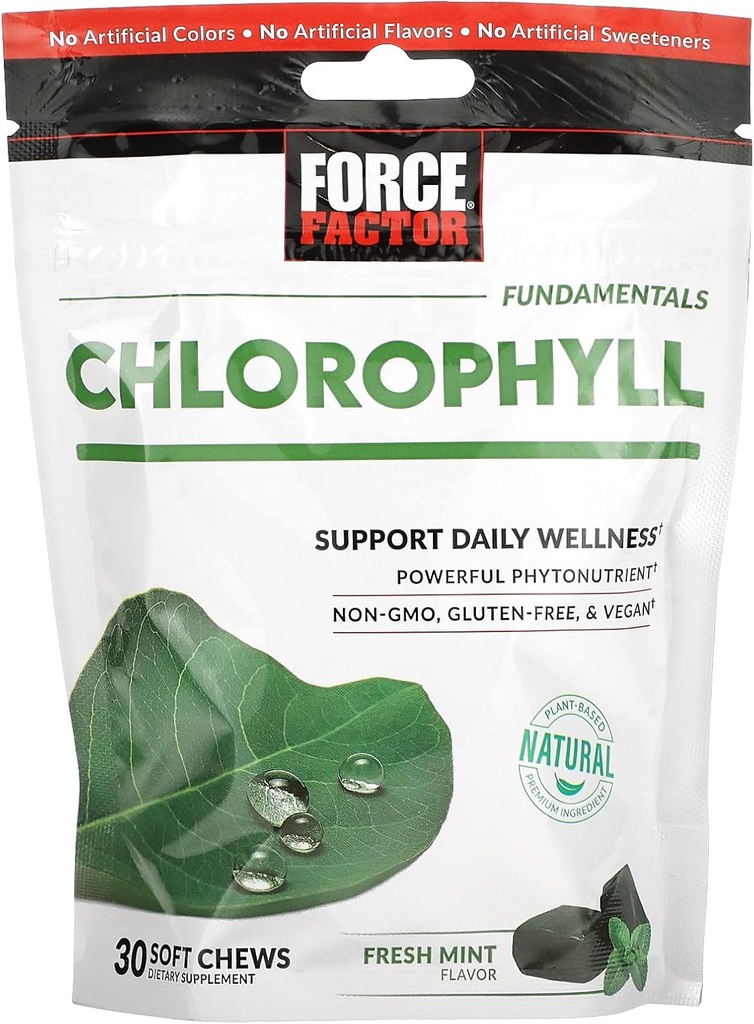 FORCE FACTOR Chlorophyll Soft Chews Antioxidants Supplement to Reduce Body Odor, Promote Fresh Breath, Non-GMO, Gluten-Free, and Vegan, Fresh Mint Flavor, 30 Soft Chews, Green