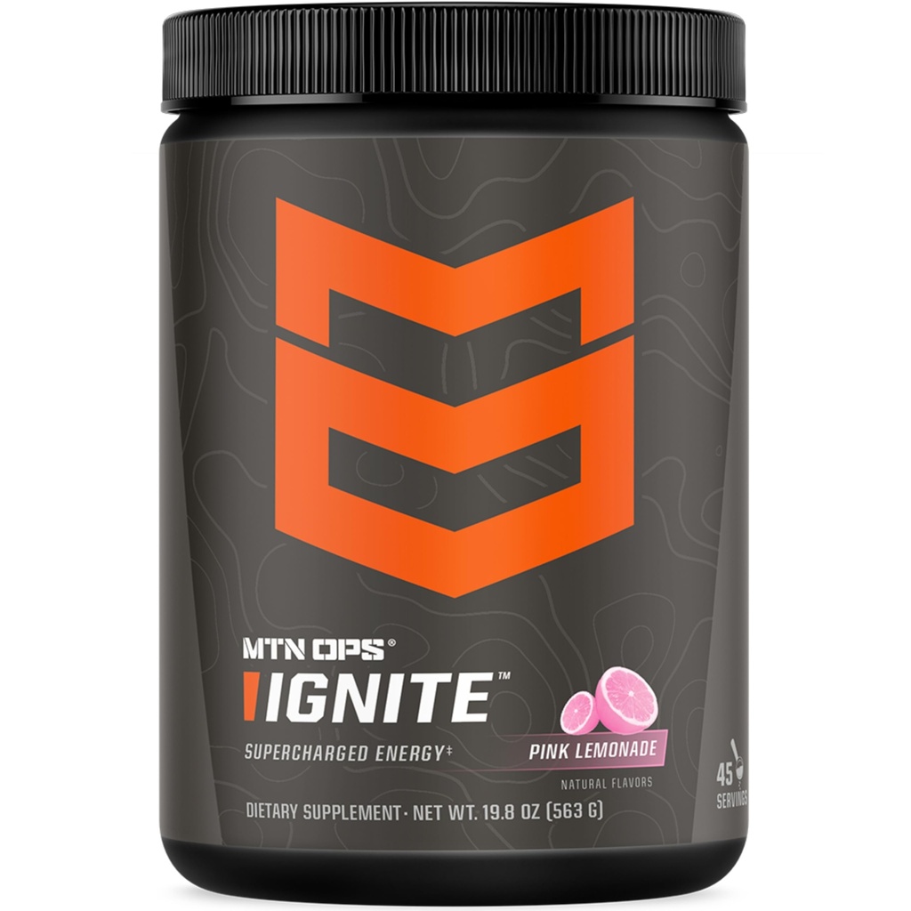 MTN OPS Ignite Sugar Free Energy Drink Powder with 200mg Caffeine, Nootropic Blend for Energy, Focus & Endurance, L Arginine & L Citrulline Pre Workout, 45 Servings, Pink Lemonade