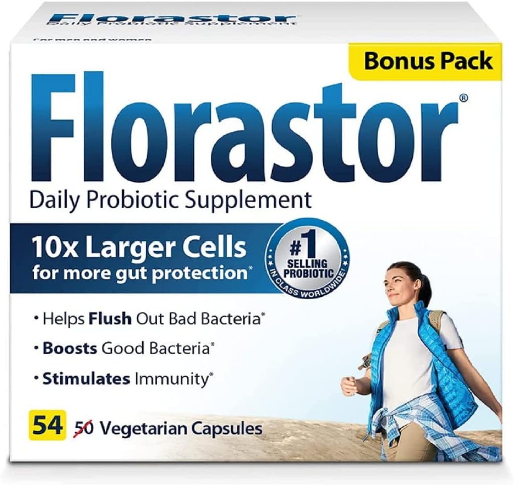 Florastor Daily Probiotic Supplement for Women and Men, Proven to Support Digestive Health, Saccharomyces Boulardii CNCM I-745 (54 Capsules), Pack of 4