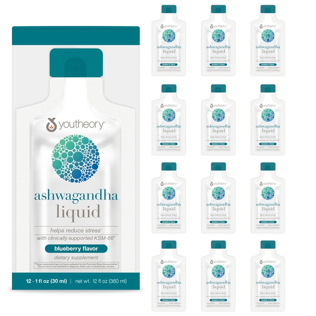 Youtheory Ashwagandha Liquid - with Organic KSM-66 Ashwagandha - Herbal Blend to Support Stress Relief & Energy Levels* - Helps Support Mood* - 1 oz Single Serve Packet, Pack of 12
