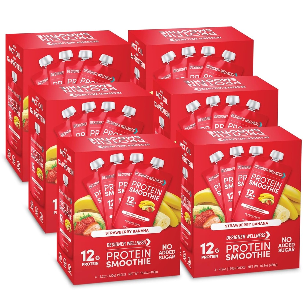 Designer Wellness Protein Smoothie, Real Fruit, 12g Protein, Low Carb, Zero Added Sugar, Gluten-Free, Non-GMO, No Artificial Colors or Flavors, Strawberry Banana, 24 Count