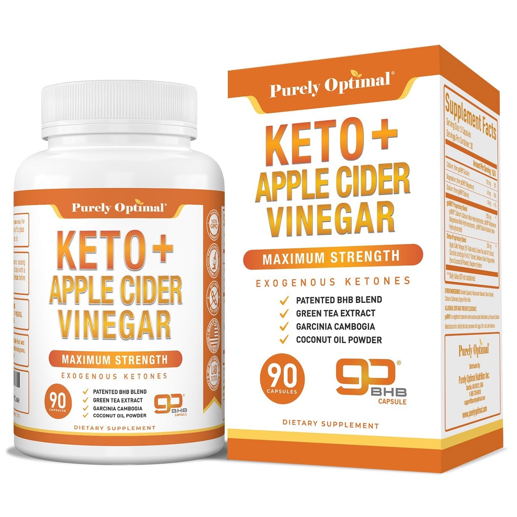 Purely Optimal Keto BHB & Apple Cider Vinegar Capsules - Exogenous Ketones Supplement with The Mother for Ketosis Support, Healthy Lifestyle & Overall Well-Being - 90 Capsules