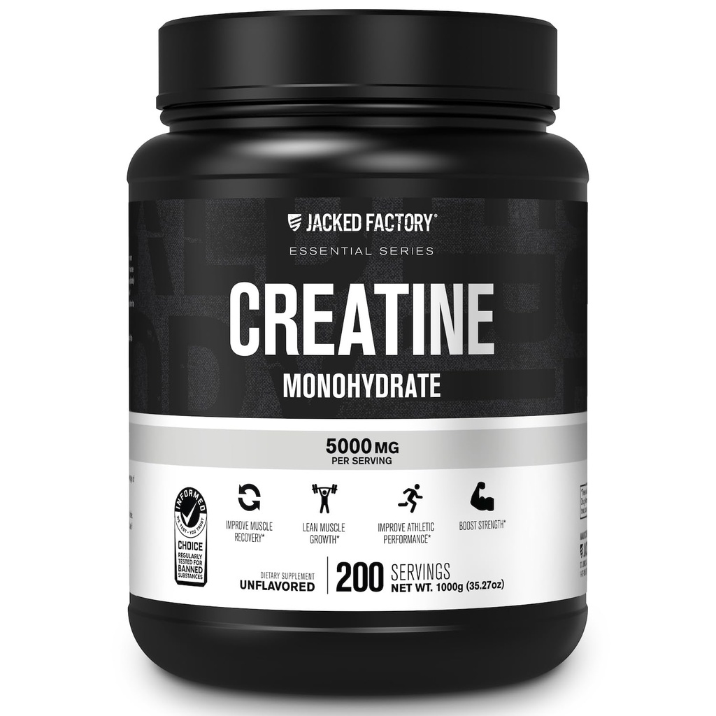 Jacked Factory Creatine Monohydrate Powder 1000g - 5g Daily Micronized Creatine Monohydrate for Men and Women, Vegan-Friendly, Third-Party Tested - 200 Servings, Unflavored