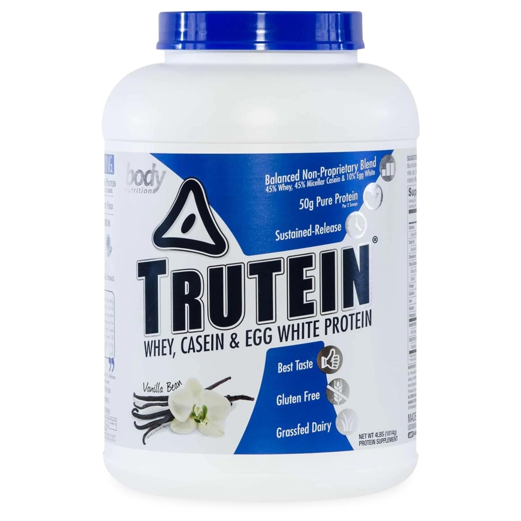 Body Nutrition Trutein High Protein Powder: 45% Whey, 45% Casein, 10% Egg White Protein Shake Mix, Gluten-Free, Low Sodium, Low Carb Protein Supplement Powder for Men & Women, Vanilla Bean, 4lb