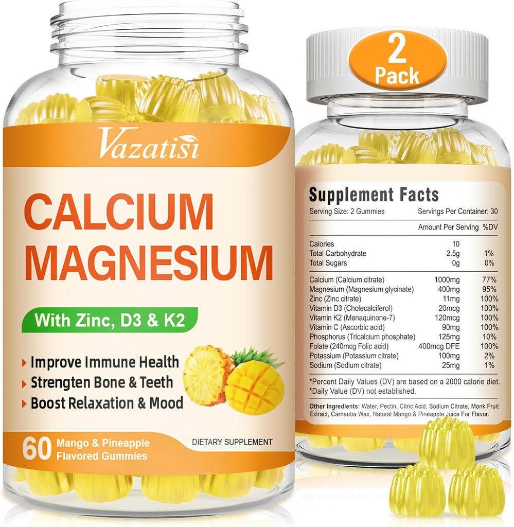 Calcium Magnesium Zinc Gummies with Vitamin D3 and K2, High Absorption Magnesium Glycinate Potassium for Immune and Calm Mood, Vegan Mango and Pineapple Flavor 120 Gummies