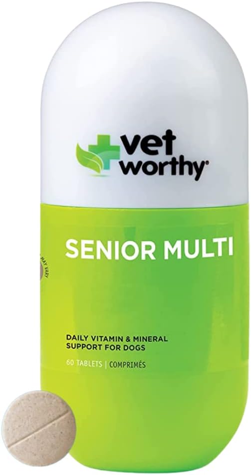 Vet Worthy Senior Multivitamin Chewable for Dogs - Antioxidants and Nutritional Support - Daily Support - Essential Vitamins, Minerals, & Enzymes- Liver Flavor Chewable for Dogs - 60 Tablets