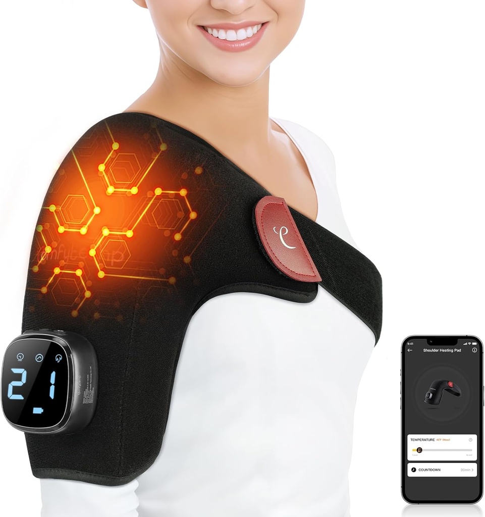 Comfytemp Cordless Shoulder Heating Pad for Rotator Cuff Pain Relief, Electric Heated Shoulder Brace Wrap App Control Wireless, Gifts for Mom Dad, 9 Heat 10-30 Timers (No Massage S/M)