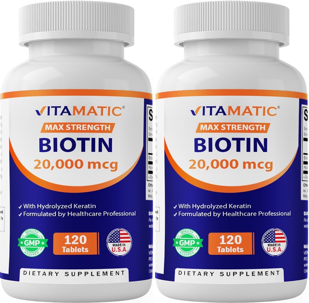 Vitamatic High Potency Biotin 20000 mcg (20mg) with Keratin 100mg - 120 Vegetarian Tablets - Biotin Supplements for Healthy Hair Skin & Nails for Adults (120 Count (Pack of 2))