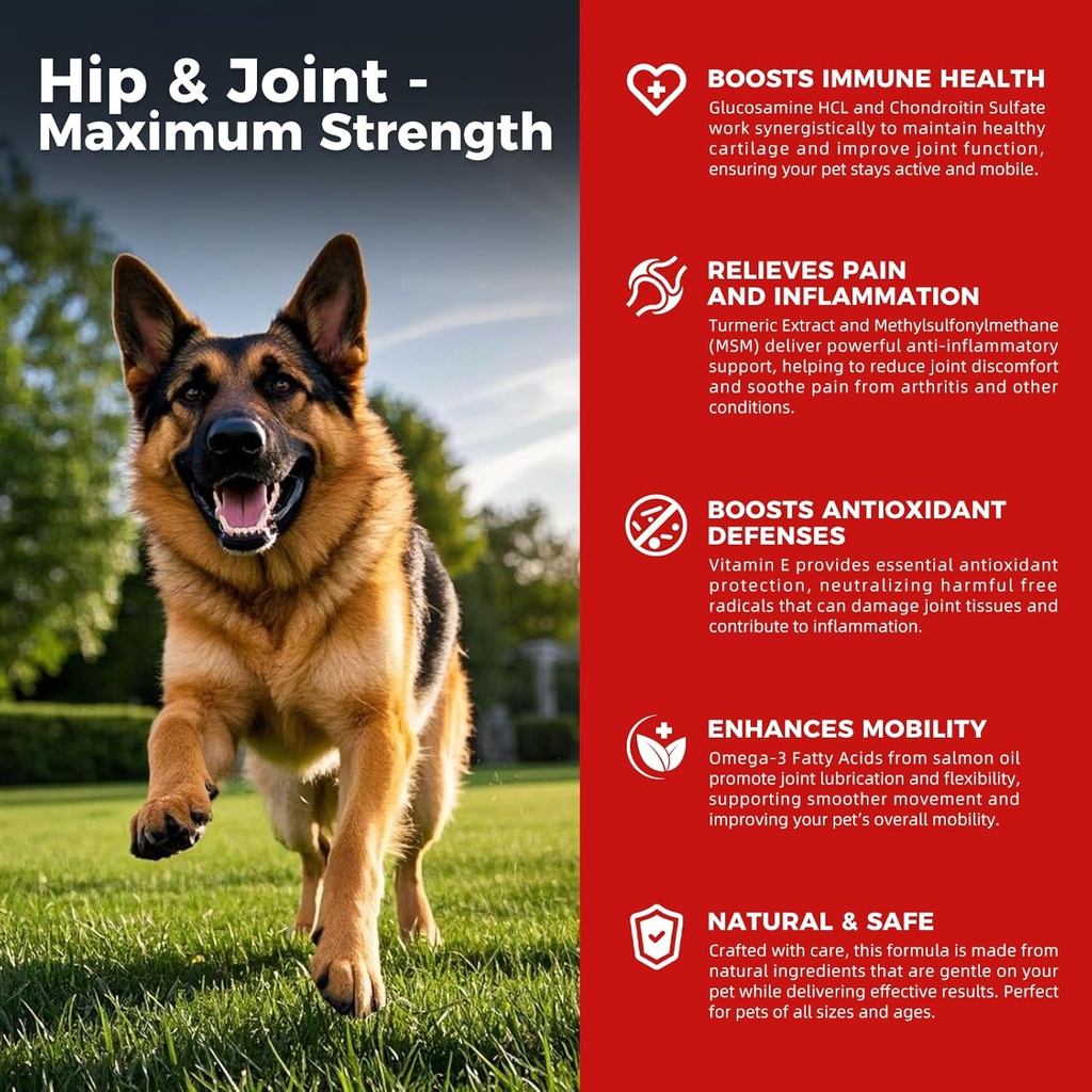 Dog Hip and Joint Supplement - Dog Pain Relief Anti Inflammatory with Glucosamine, Chondroitin, MSM, Turmeric, Vitamin E, Omega 3 - Treats Hip Dysplasia, Arthritis - All Large Small Medium Breed