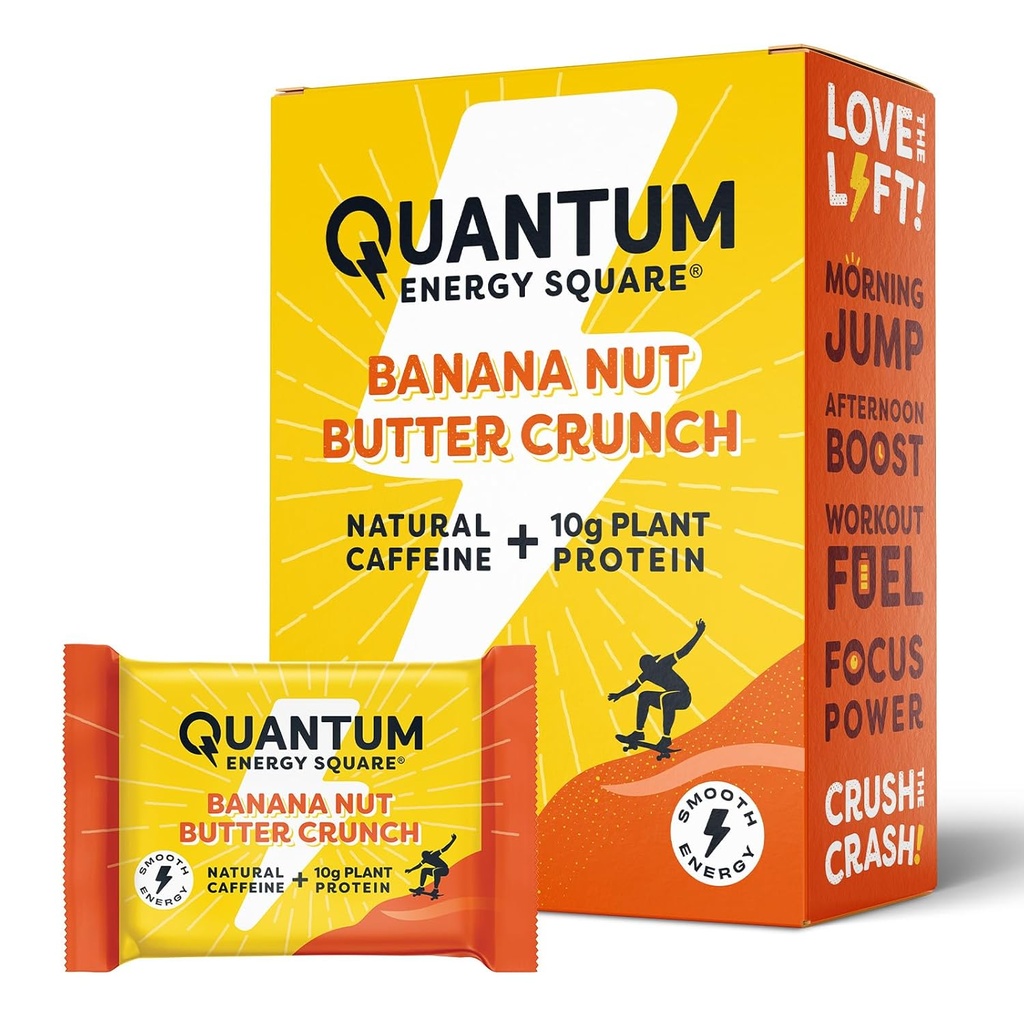 Quantum Energy Square: Energy Bar with Caffeine & 10g Protein. Delicious Healthy Snack On The Go. (Vegan, Gluten-free, Soy-free, Dairy-free) - Banana Nut Butter Crunch 8Pk
