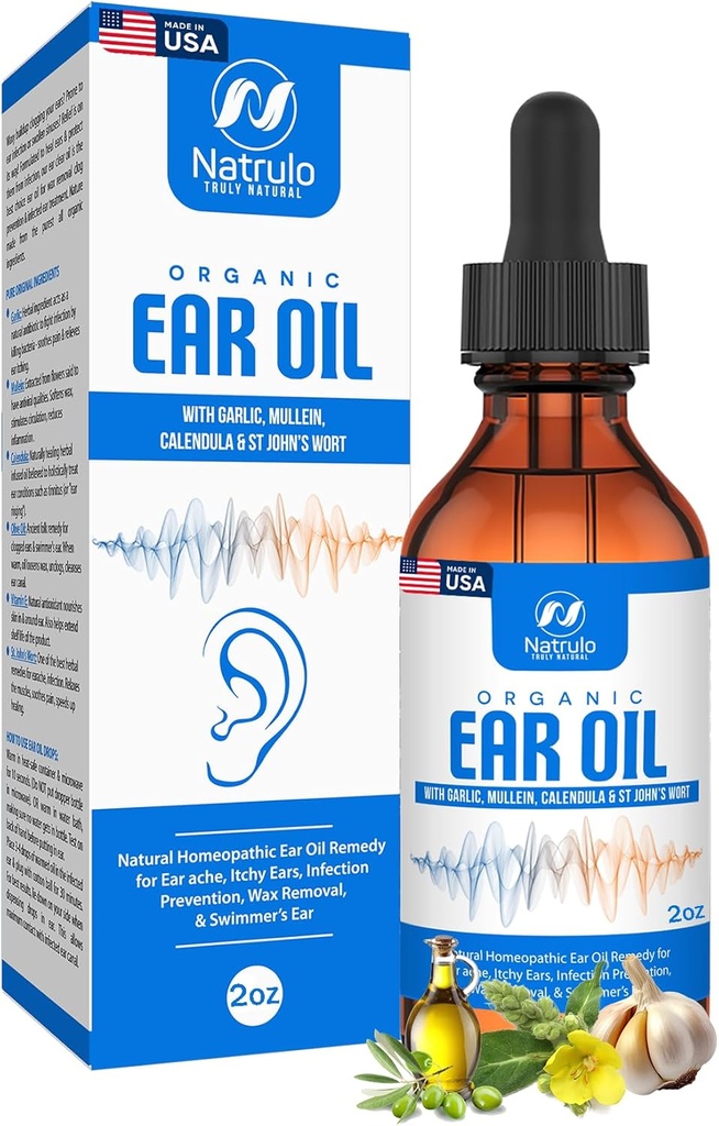 Organic Ear Oil for Ear Infection - Natural Eardrops for Earache Prevention, Swimmer's Ear & Wax Removal - Kids, Adults, Baby, & Dog Earache Remedy - with Mullein, Garlic, Calendula Made in USA (2 Oz)