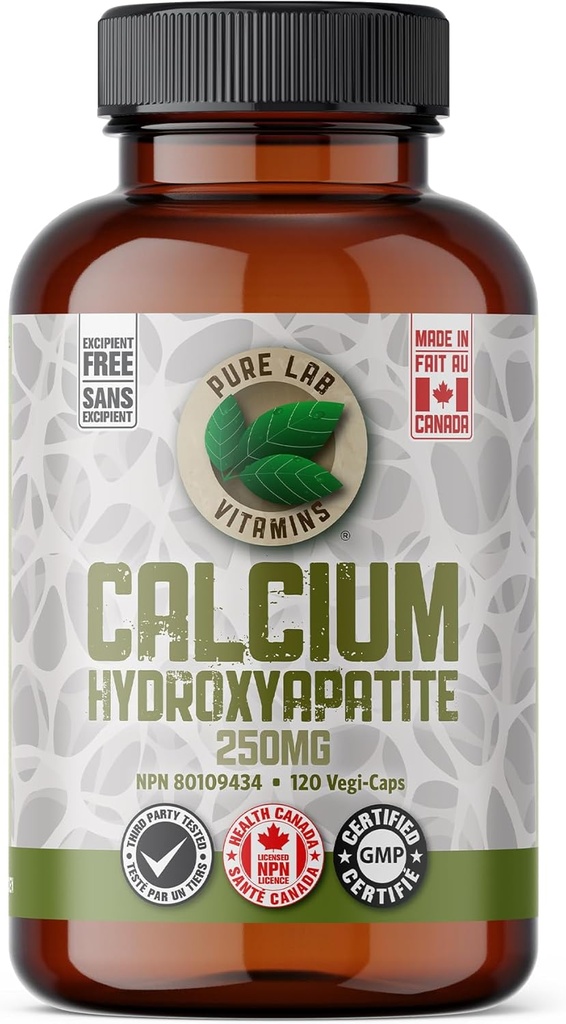 Calcium Hydroxyapatite 250 mg - 120 Vegan Capsules by Pure Lab Vitamins - Calcium Hydroxyapatite is an organically-Bound Complex of What’s Naturally Part of The Bone Matrix Made in Canada