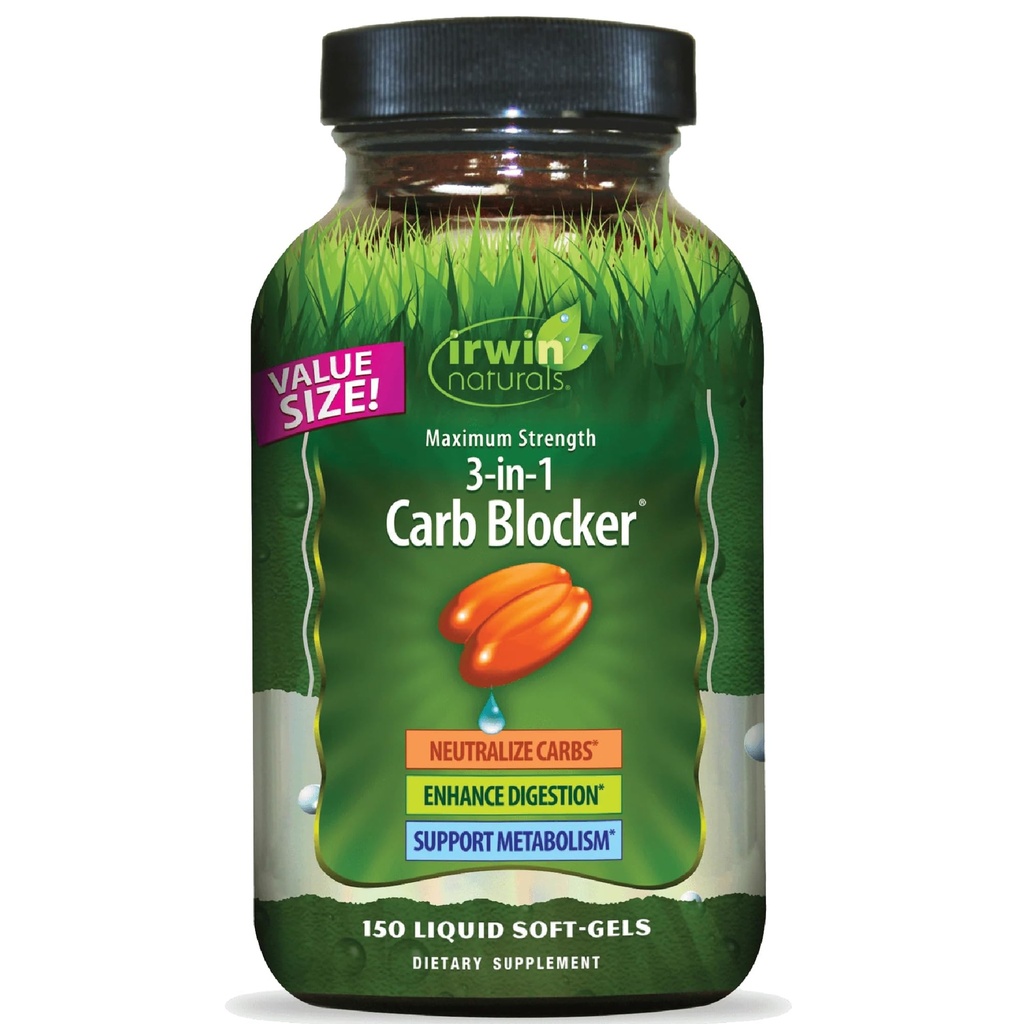 Irwin Naturals Maximum Strength 3-in-1 Carb Blocker - Neutralize Carbohydrates, Aids Digestion and Metabolism Booster - White Kidney Bean Extract + Chromium + Enzyme Blend - 150 Liquid Soft-Gels