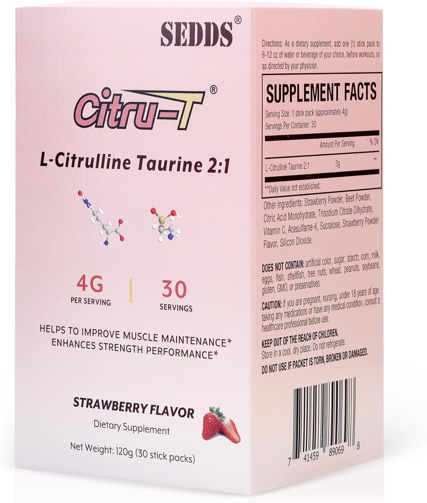 L-Citrulline Taurine 2:1, Strawberry-Flavored L Citrulline Powder Citrulline Supplements, Vegan Taurine Powder, Caffeine Free, Gluten Free, 30 Pack