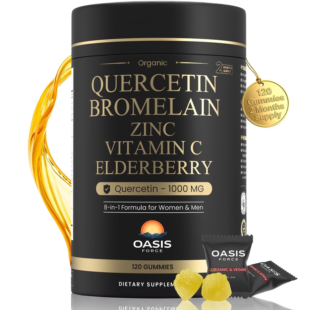 8-in-1 Quercetin with Bromelain Gummies 1000mg, High Potency Organic Quercetin Supplement with Zinc & Vitamin C, Elderberry, Seasonal Wellness & Immune Support, Vegan, Sugar Free, 120 Gummies