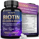 StrongVit Biotin with Hyaluronic Acid, Keratin and Collagen Supplements - 10000mcg for Hair Growth Women and Men - Hair Skin and Nails Vitamins - 60 Capsules