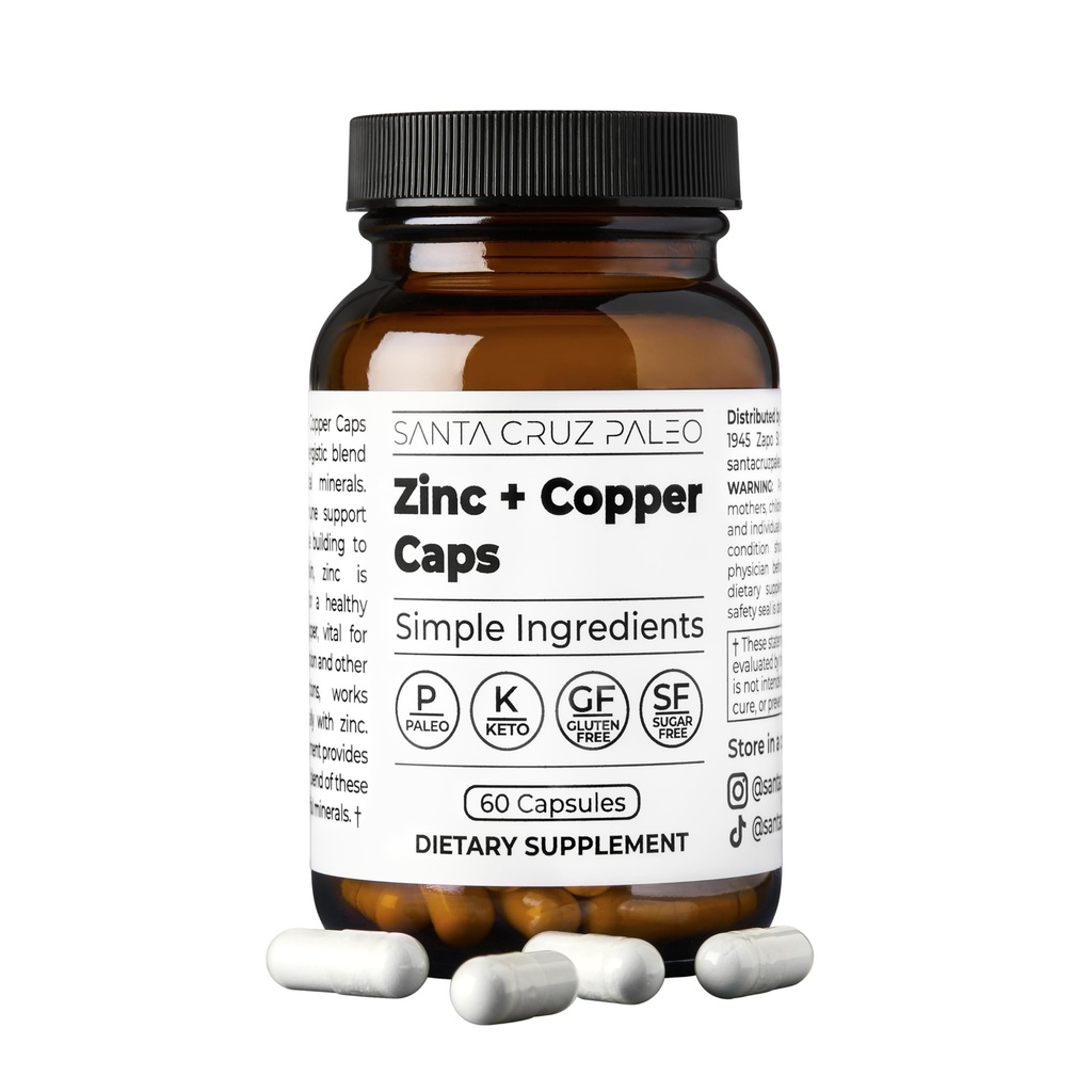 Santa Cruz Paleo, Zinc & Copper Mineral Supplement, High Absorption Formula, Zinc Supplement for Skin & Hair, L Methionine, Copper Gluconate, Trace Minerals, Gluten Free, Keto, Paleo, 60 Capsules