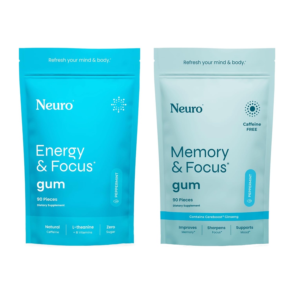 Neuro Focus Set – 90 Count Each (Peppermint) – Sugar Free Nootropic Chewing Gums with Natural Caffeine, L-Theanine, B-Vitamins & Ginseng for Energy, Alertness & Clarity
