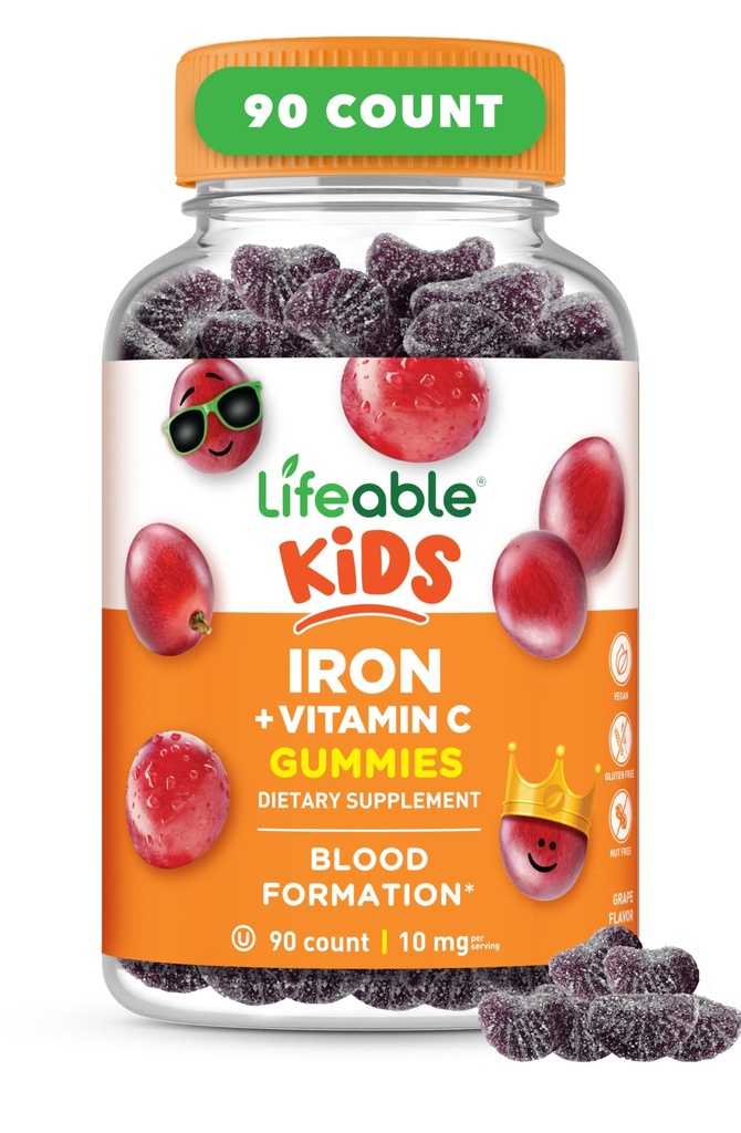 Iron Supplements for Kids | 10mg | with Vitamin C | Great Tasting Iron Gummies for Kids | Vegan Non GMO Kids Iron | for Immune Health and Iron Deficiency | 90 Gummies | Lifeable