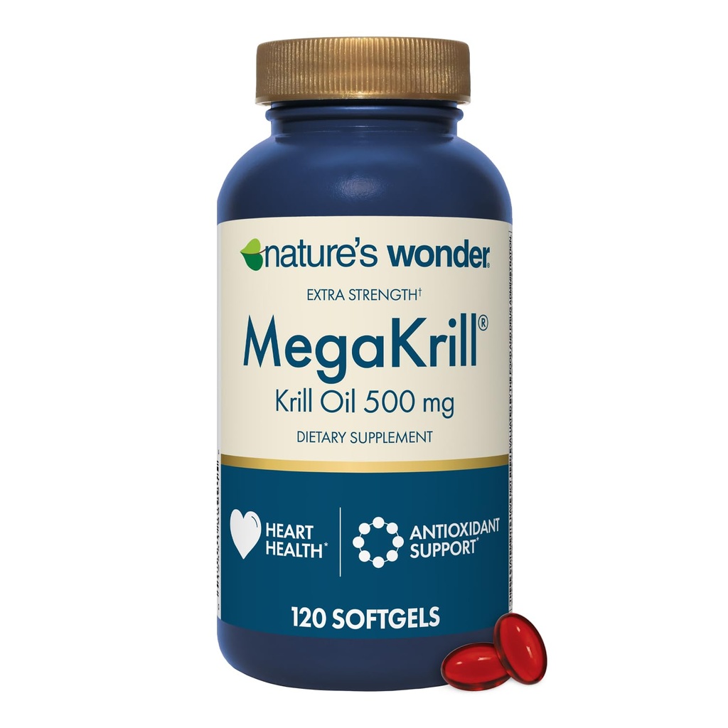 Nature's Wonder Mega Krill Extra Strength Krill Oil 500mg with Omega 3 Phospholipids and Astaxanthin, Supports Heart Health, 120 Day Supply of Softgels