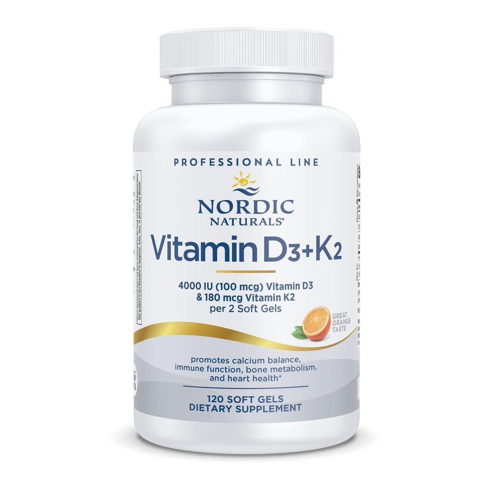 Nordic Naturals Professional Grade Vitamin D3+K2 Supplement, Orange Flavor - 60 Soft Gels - 4000 IU Vitamin D3 & 180 mcg K2- Promotes Calcium Balance & Immune Function - Non-GMO - 30 Servings