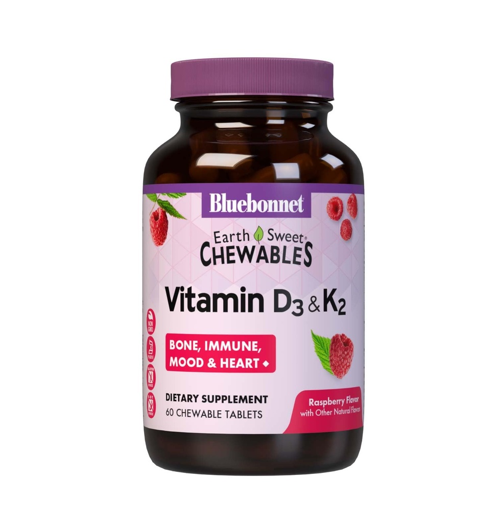 Bluebonnet Nutrition Vitamin D3 & K2 EarthSweet Chewable Tablets, for Immune, Mood & Heart Health*, Soy-Free, Gluten-Free, Non-GMO, Kosher Dairy, 60 Raspberry Flavor Chewable Tablets, 60 Servings