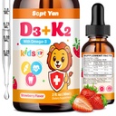 Kids Vitamin D3 K2 Drops - K2 D3 Vitamin Supplement 1000 IU with Omega 3, Support Bone, Mood, Teeth & Immune - Vitamin D3 K2 (MK-7) Liquid Drops for Adults & Kids, Sugar Free Strawberry Flavor 2 FL OZ