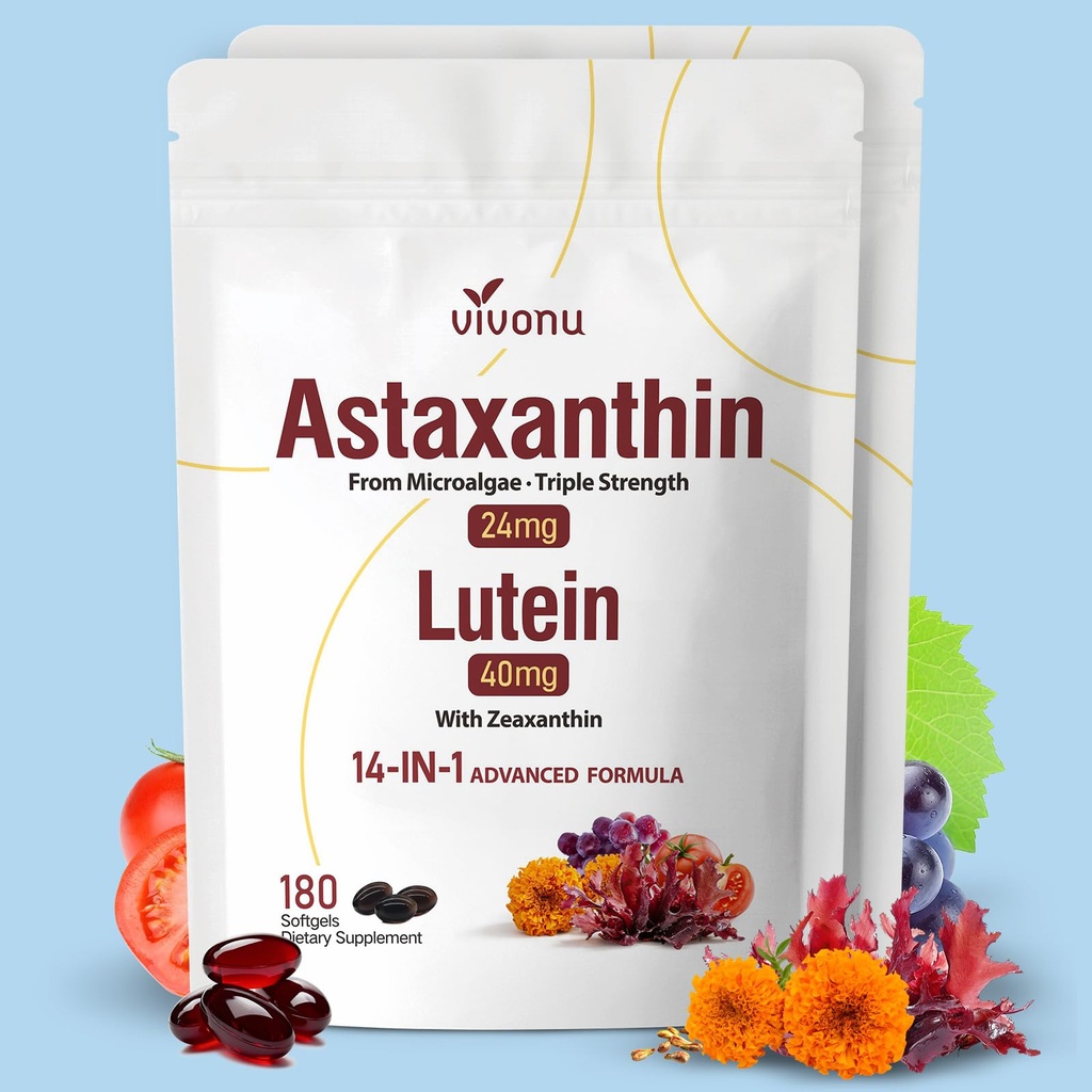 VivoNu 14-in-1 Astaxanthin 24mg & Lutein 40mg with Zeaxanthin Supplements, 12 Month Supply, 360 Softgels, 2 Bag