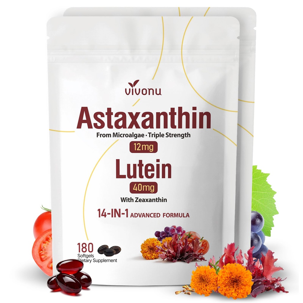 14-in-1 Astaxanthin 12mg & Lutein 40mg with Zeaxanthin Supplements, 12 Month Supply, Fresh Microalgae Source, Supports Eye, Skin, Antioxidant, Joint, Circulatory Health, Non-GMO, Gluten Free, 2 Bag