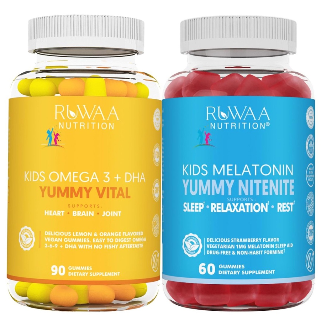 RUWAA NUTRITION Omega 3 Gummies, DHA Gummies and 1mg Melatonin Gummies | No Fish, No After-Taste, Non-Habit Forming, Gluten Free, Non-GMO, Made in USA.