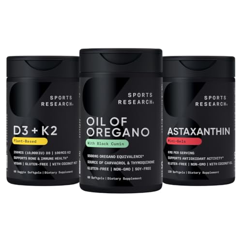 Sports Research® Antioxidant Support Pack - Oil of Oregano 9500mg + Vitamin D3 K2 5000iu + Triple Strength Astaxanthin