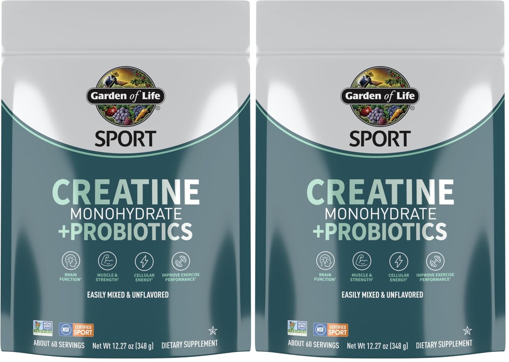 Garden of Life Creatine Monohydrate Powder for Women & Men, Micronized Pre Workout with Probiotics for Muscle, Strength, Sport Amino Energy, About 60 Easy to Mix Unflavored Servings, (Pack of 2)