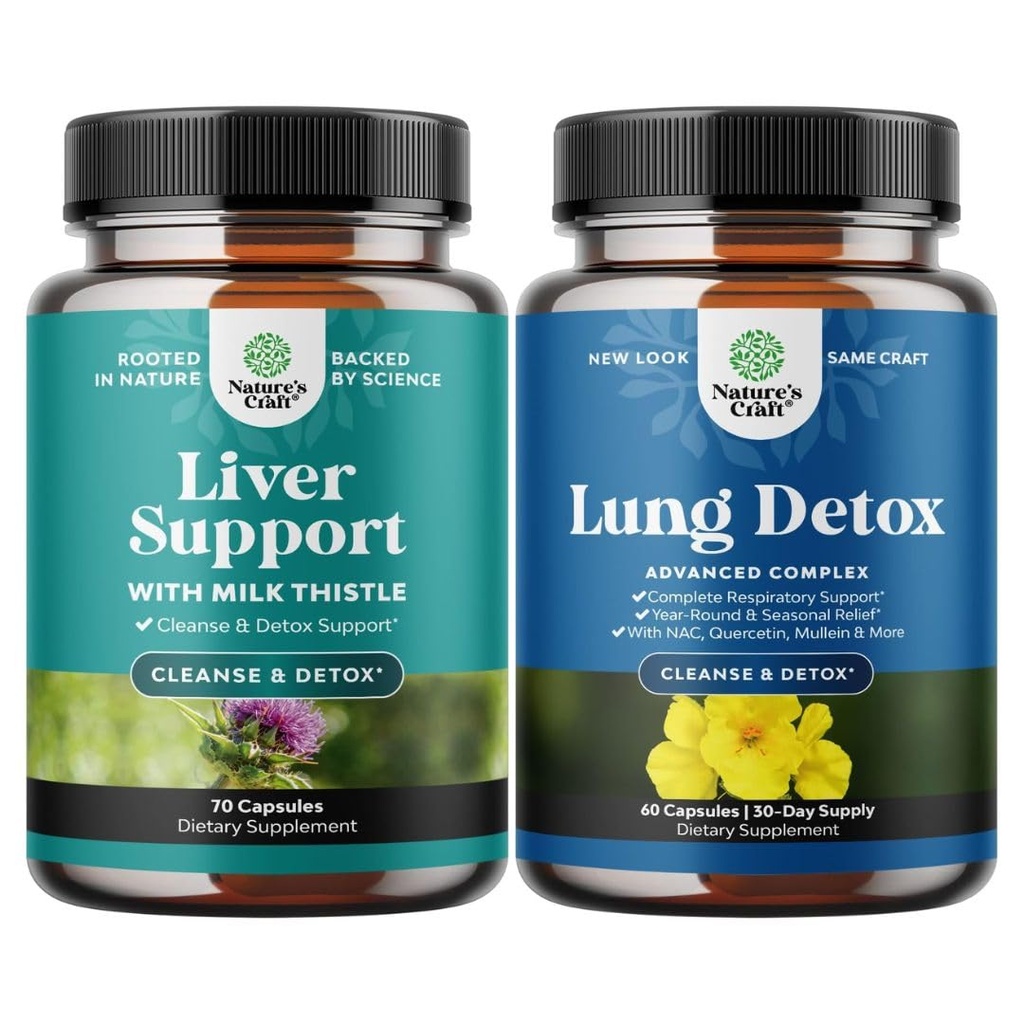 Bundle of Liver Cleanse Detox & Repair - Milk Thistle Supplement for Digestion & Immune Health with Beetroot & Artichoke and Lung Detox Mullein Leaf Capsules with NAC Quercetin & Cordyceps Extracts