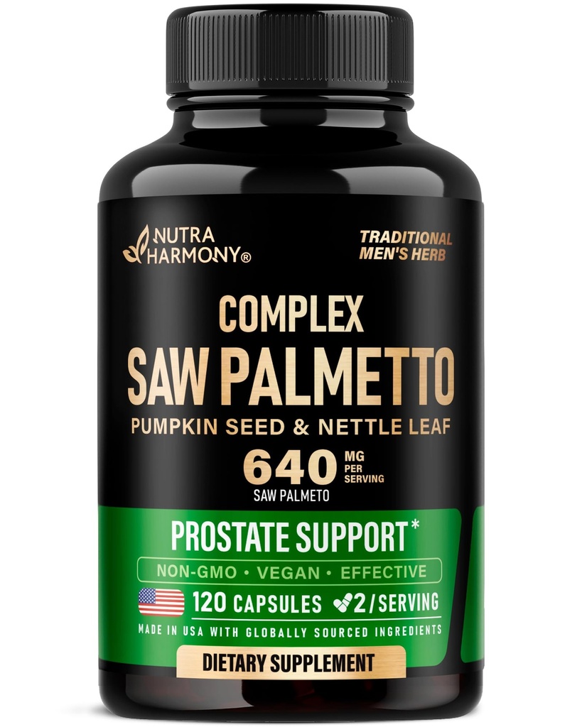 Saw Palmetto for Men 640mg - Pumpkin Seed | Nettle | Zinc & Pygeum - Prostate Health & Urinary Supplement - DHT Blocking & Hair Support - 45% Fatty Acids, Clinical Strength - Made in USA, 120 Capsules