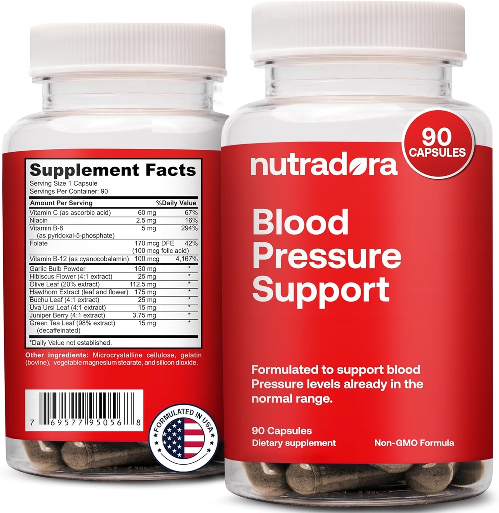 Blood Pressure Support Supplement with Hawthorn, Hibiscus & Garlic Extract – High & Lower Blood Pressure Supplements for Cardiovascular & Circulatory Health, Supports Normal Heart Health