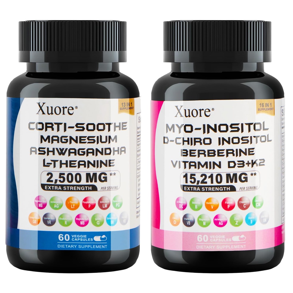 cortisol & myo-inositol Supplement Bundle with ashwagandha, Magnesium, l-theanine, d-Chiro inositol, folate, Berberine, chasteberry for Stress Relief & Balance