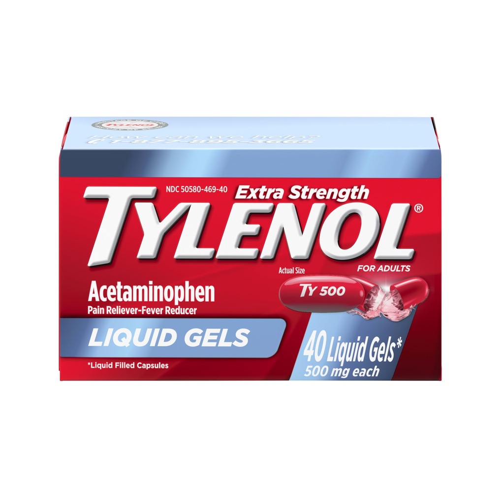 Tylenol Extra Strength Acetaminophen Liquid Gels, 500 mg per Gel, Strong, Fast Pain Relief Capsules, Fever Reducer, Gentle on Stomach, Relieve Headache Pain, Backache and Muscle Aches, 40 Count