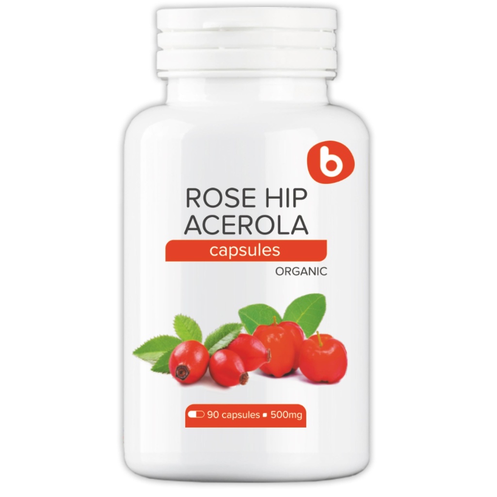 b Natural RoseHips & Acerola Capsules - Plant Based Vitamin C 1000mg from Acerola Cherry Powder & Rosehip Powder - Without Ascorbic Acid - Supports Immune Health - GMO Free - 90 Vegan Capsules