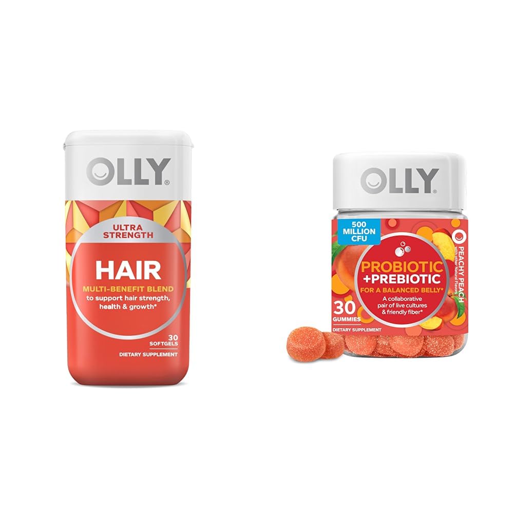 OLLY Ultra Strength Hair Softgels, Supports Hair Health, Biotin, Keratin & Probiotic + Prebiotic Gummy, Digestive Support and Gut Health